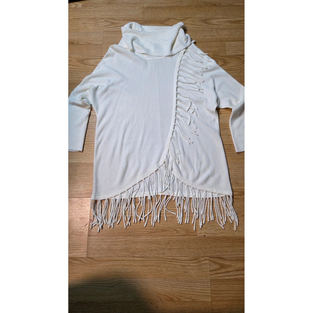 New Directions Ivory Cowl Neck Fringe Trim Knit Sweater Womens Large Ivory White